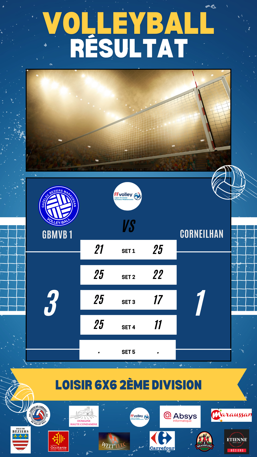 Victoire du Loisir 1 face à Corneilhan par 3 sets à 1