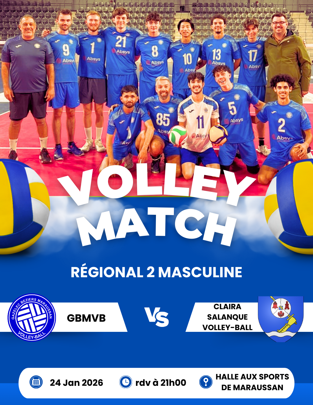 Samedi 24 janvier à 21h rencontre de la régionale Masculine contre Claira Salanque VB