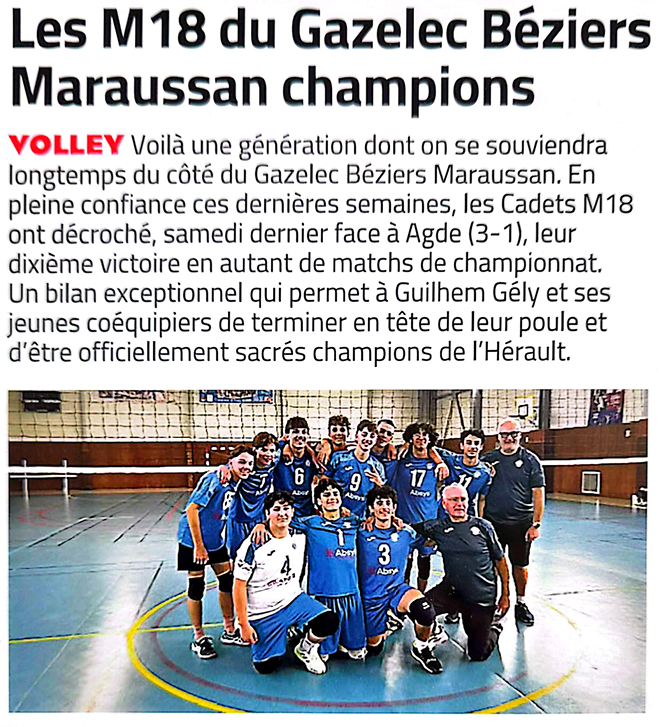 article midi libre : Les M18 du Gazelec Béziers Maraussan Champions